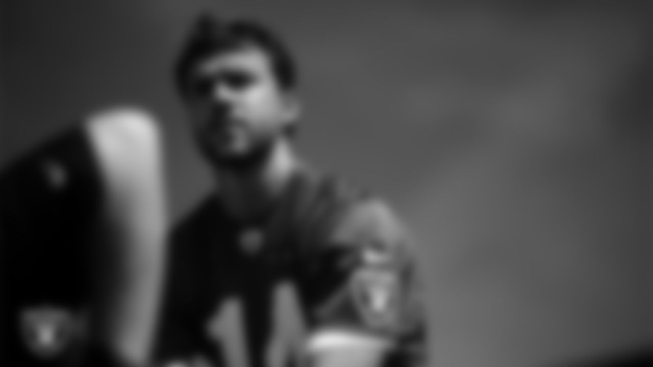 Las Vegas Raiders quarterback Carter Bradley (14) at a workout during phase two of the offseason program at Intermountain Health Performance Center.