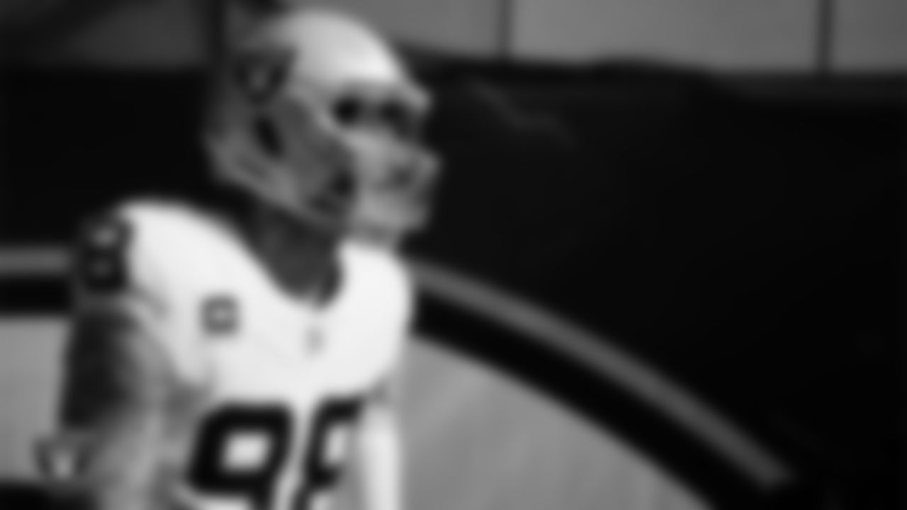 Las Vegas Raiders defensive end Maxx Crosby (98) waits for the team to be introduced onto the field before the regular season away game against the Los Angeles Chargers at SoFi Stadium.