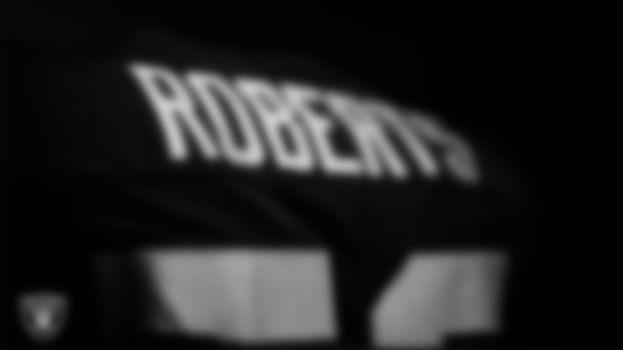 Las Vegas Raiders linebacker Elandon Roberts' (52) pads in the locker room prior to the Raiders' arrival for their regular season home game against the Jacksonville Jaguars at Allegiant Stadium.