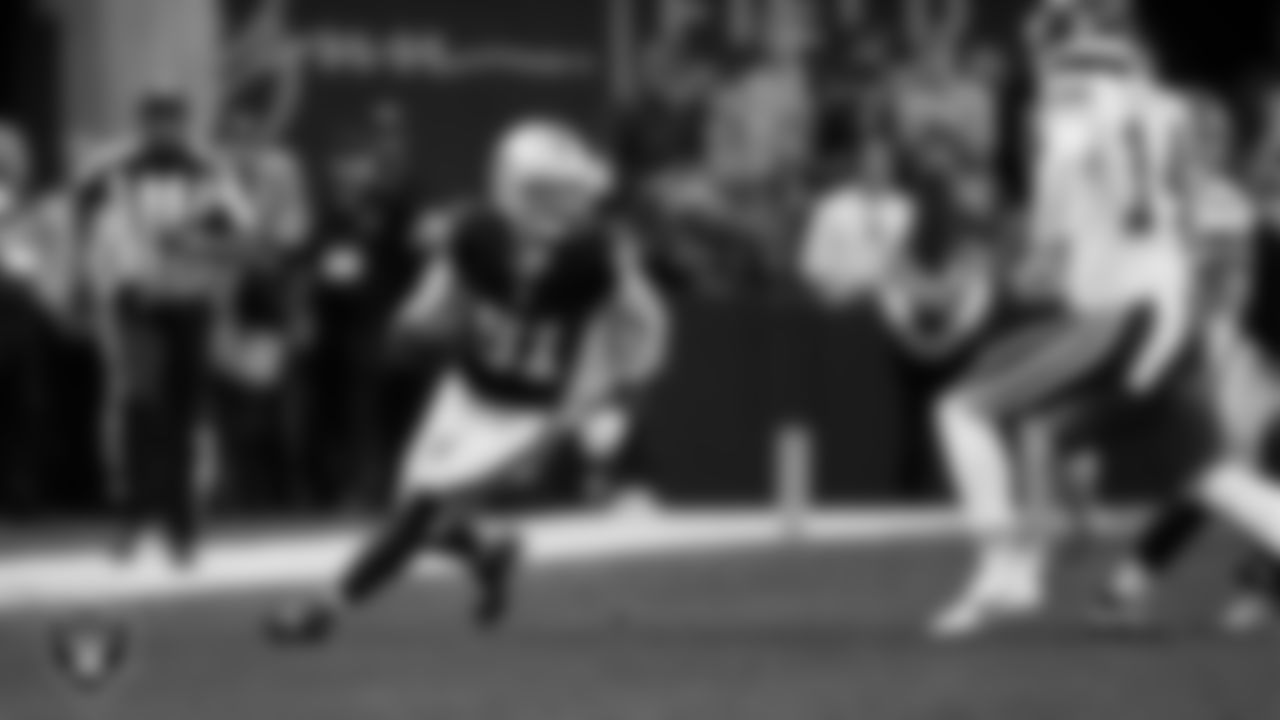 Las Vegas Raiders wide receiver Alex Bachman (81) returns a punt during the regular season home game against the Kansas City Chiefs at Allegiant Stadium.