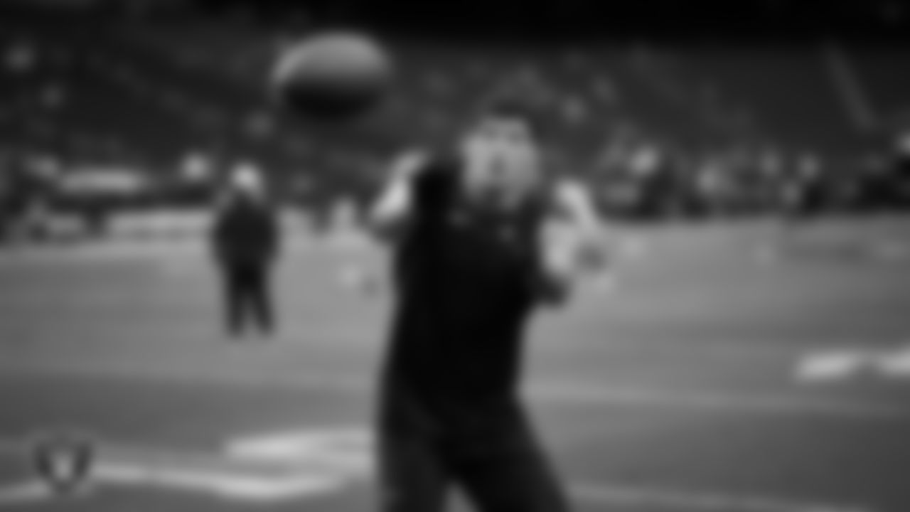 Las Vegas Raiders tight end Carter Runyon (46) warming up before the preseason home game against the San Francisco 49ers at Allegiant Stadium.