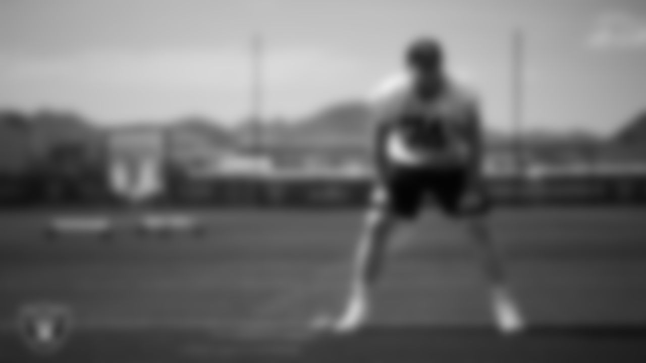Las Vegas Raiders tackle Kolton Miller (74) at a workout during phase two of the offseason program at Intermountain Health Performance Center.
