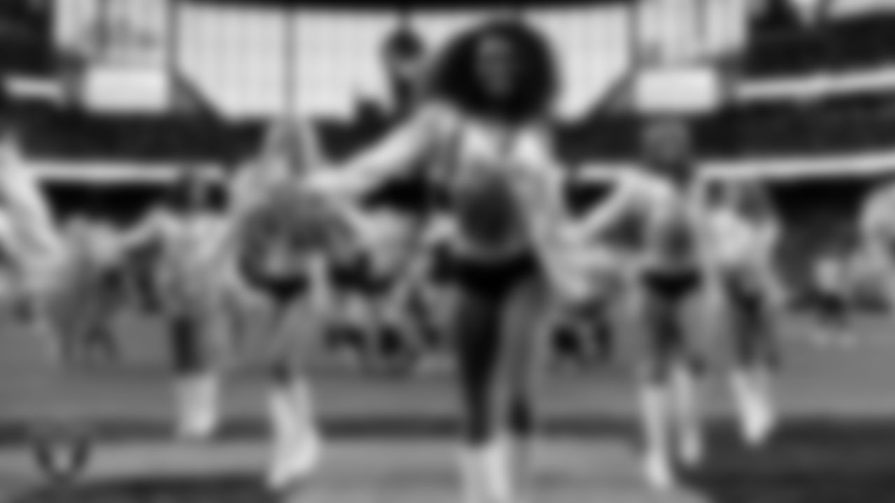 Raiderette Shayla performs on the field during the regular season home game against the Jacksonville Jaguars at Allegiant Stadium.