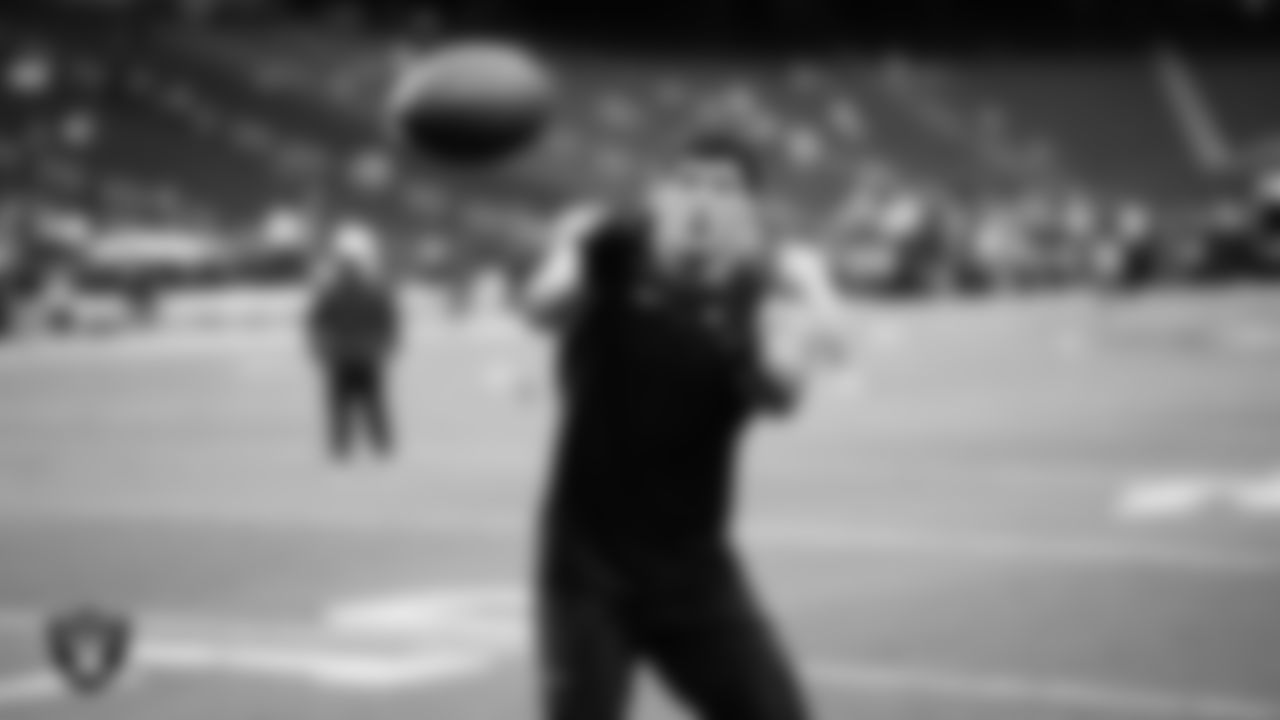 Las Vegas Raiders tight end Carter Runyon (46) warming up before the preseason home game against the San Francisco 49ers at Allegiant Stadium.
