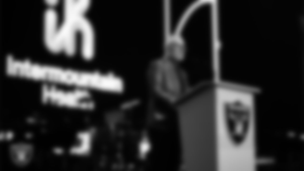Intermountain Health Desert Region President Mitch Cloward speaks during the second annual Silver & Black Gala hosted by The Raiders Foundation at Allegiant Stadium.