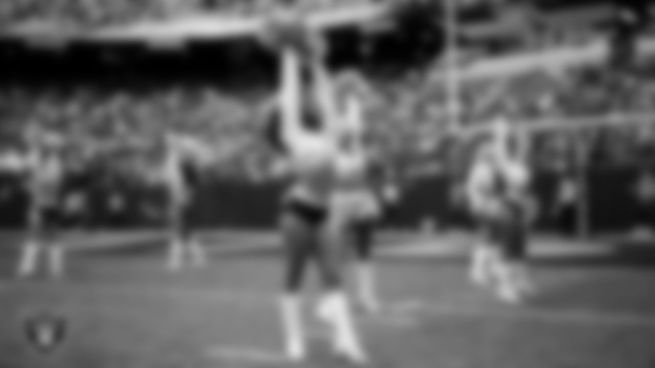 Raiderette Shayla during player introductions before the regular season home game against the Kansas City Chiefs at Allegiant Stadium.