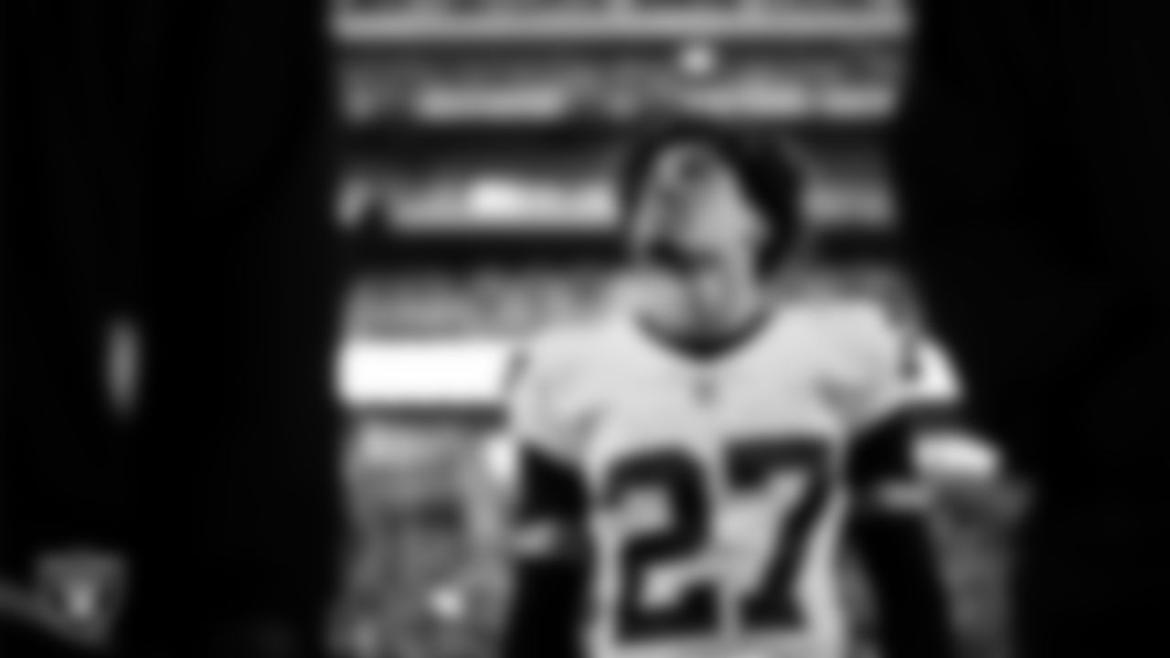 Las Vegas Raiders safety Tristin McCollum (27) on the sidelines before the regular season away game against the Indianapolis Colts at Lucas Oil Stadium.