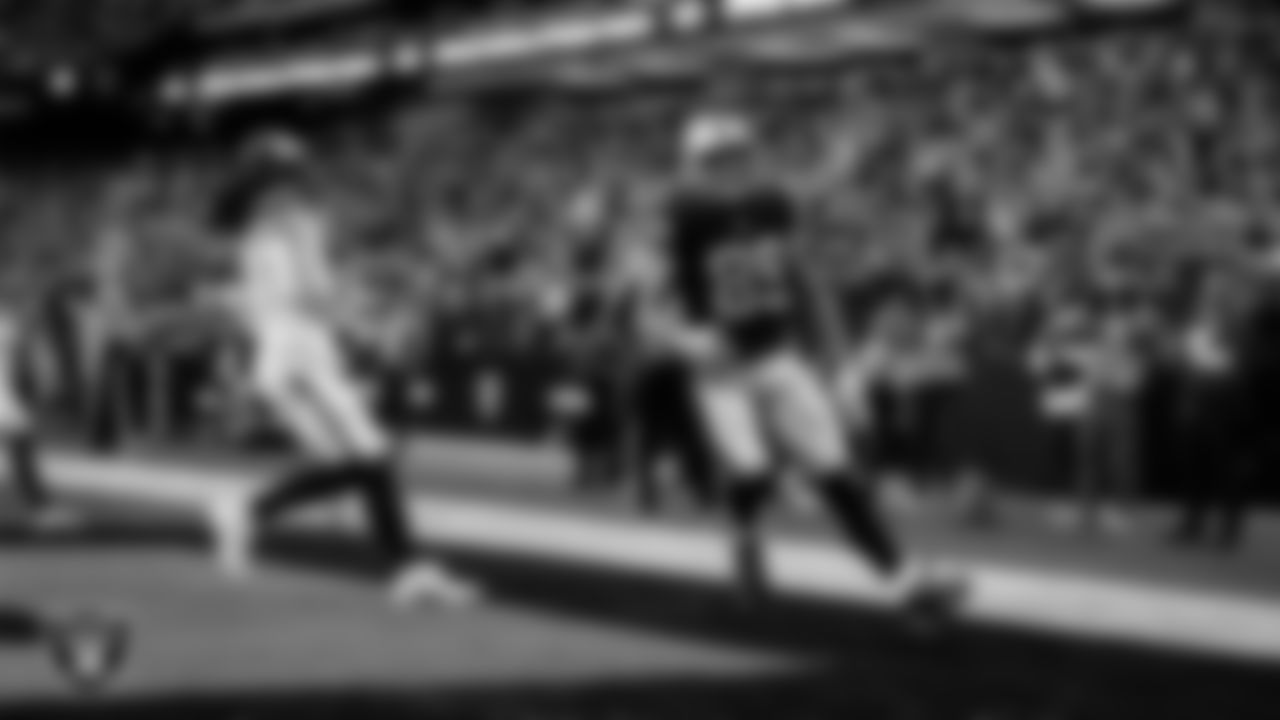 Las Vegas Raiders tight end Brock Bowers (89) after making a 15-yard touchdown catch during the regular season home game against the Denver Broncos at Allegiant Stadium.