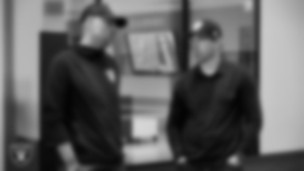 Las Vegas Raiders General Manager John Spytek and Head Coach Klint Kubiak on the indoor field at Intermountain Health Performance Center.