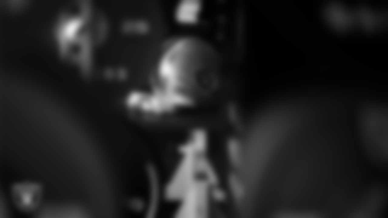 Las Vegas Raiders cornerback Eric Stokes' (22) helmet in the weight room during practice at Intermountain Health Performance Center.