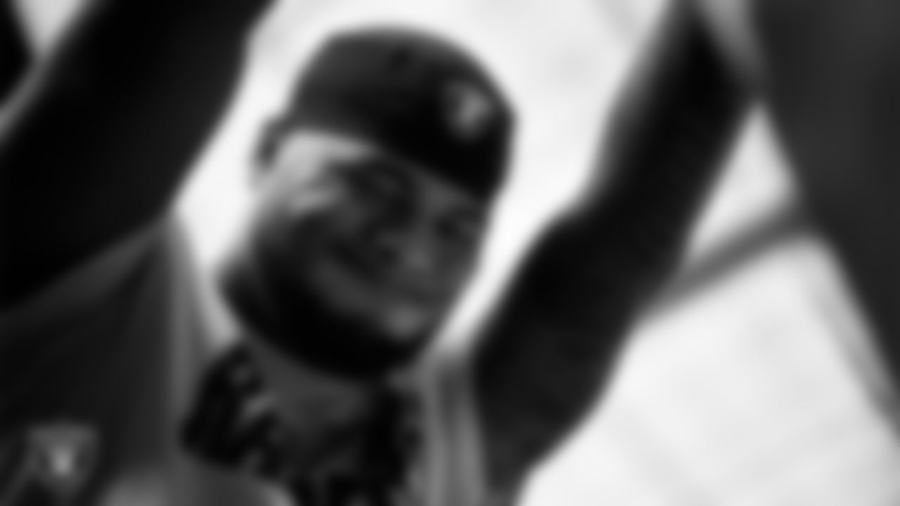 Las Vegas Raiders defensive tackle Jonah Laulu (96) warming up before the regular season away game against the Los Angeles Chargers at SoFi Stadium.