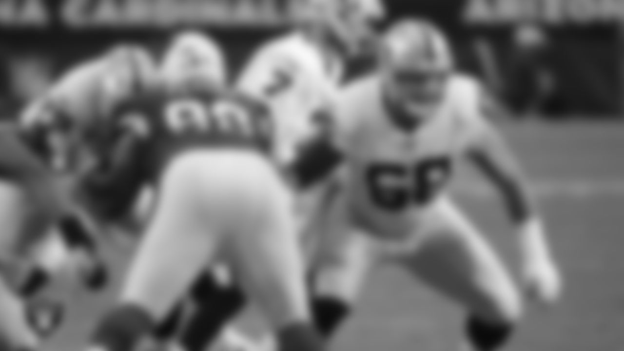 Oakland Raiders tackle Andre James (68) blocks during the Oakland Raiders preseason game against the Arizona Cardinals at State Farm Stadium, Thursday, August 15, 2019, in Glendale, Ariz.