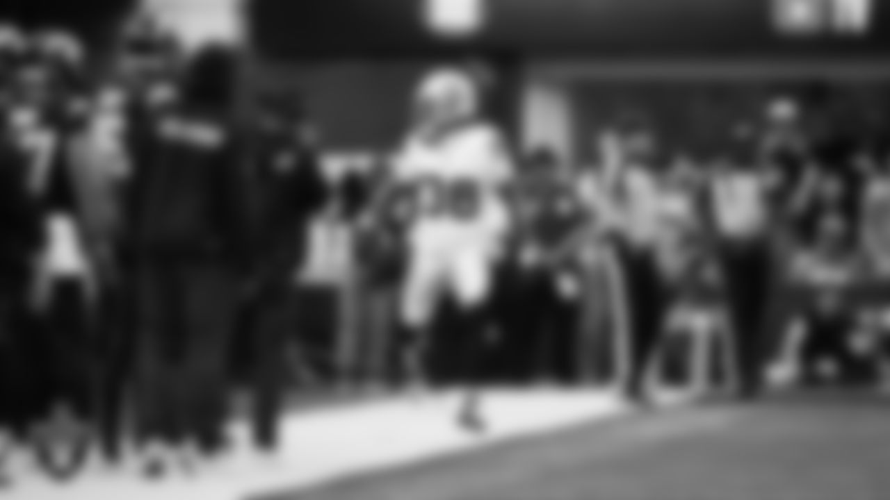 Las Vegas Raiders cornerback Kyu Blu Kelly (36) runs after making an interception during the regular season away game against the Los Angeles Chargers at SoFi Stadium.