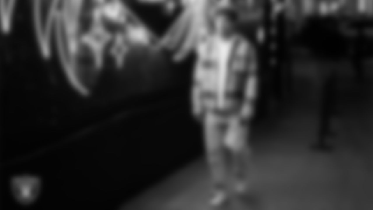 Las Vegas Raiders safety Tristin McCollum (27) arrives to the regular season home game against the Cleveland Browns at Allegiant Stadium.