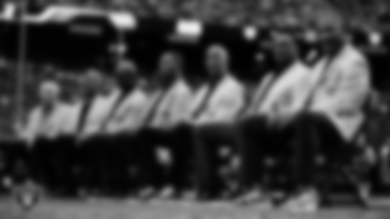 Las Vegas Raiders hall of famers during Eric Allen's Ring of Excellence ceremony during halftime of the Raiders' regular season home game against the Tennessee Titans at Allegiant Stadium.