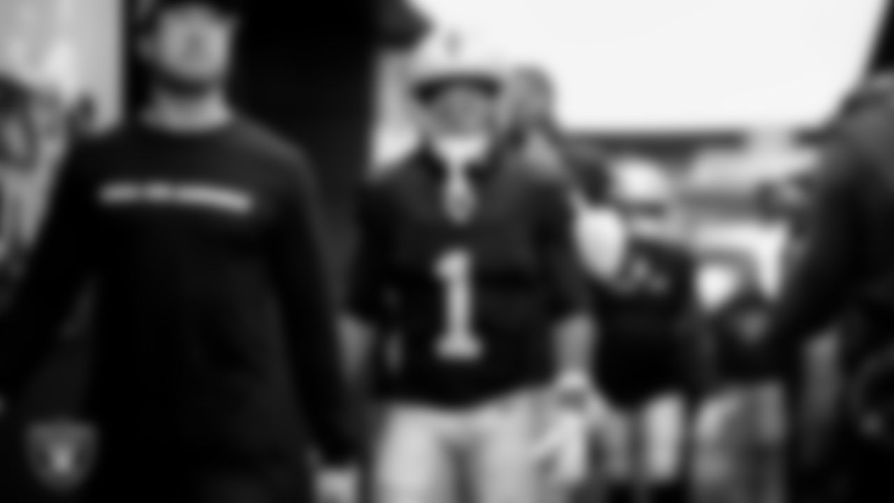 Las Vegas Raiders wide receiver Tre Tucker (1) walks down the tunnel before the regular season home game against the Dallas Cowboys at Allegiant Stadium.