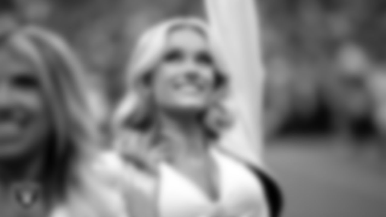 Raiderette Kennedy on the sidelines during the preseason home game against the San Francisco 49ers at Allegiant Stadium.