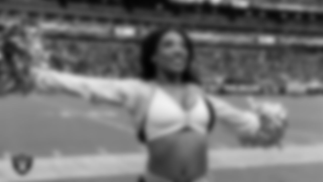 Raiderette Bria on the sidelines during the preseason home game against the San Francisco 49ers at Allegiant Stadium.