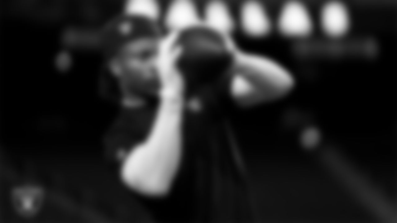 Las Vegas Raiders wide receiver Tre Tucker (1) warming up before the regular season home game against the Dallas Cowboys at Allegiant Stadium.