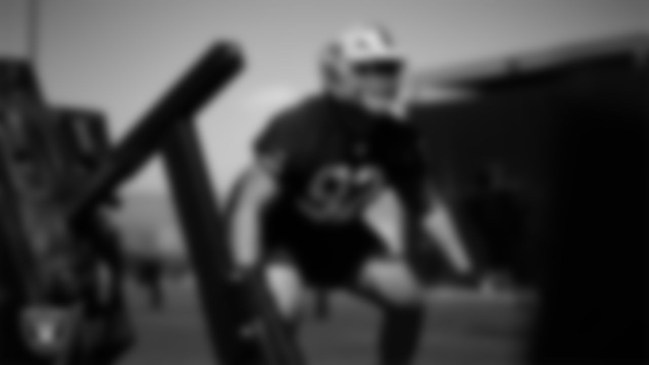 Las Vegas Raiders defensive tackle Tyler Manoa (92) at Day Two of 2025 Veteran Minicamp at Intermountain Health Performance Center.