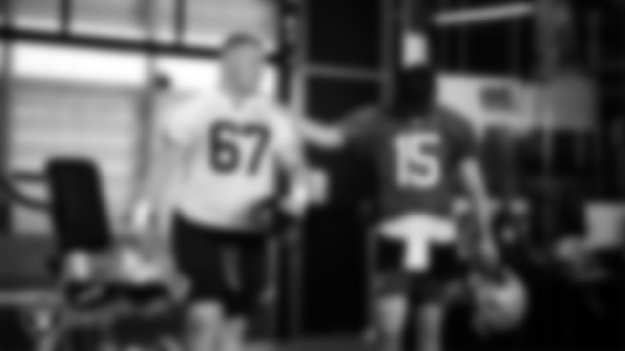 Las Vegas Raiders center Will Putnam (67) and quarterback Kenny Pickett (15) in the weight room during practice at Intermountain Health Performance Center.