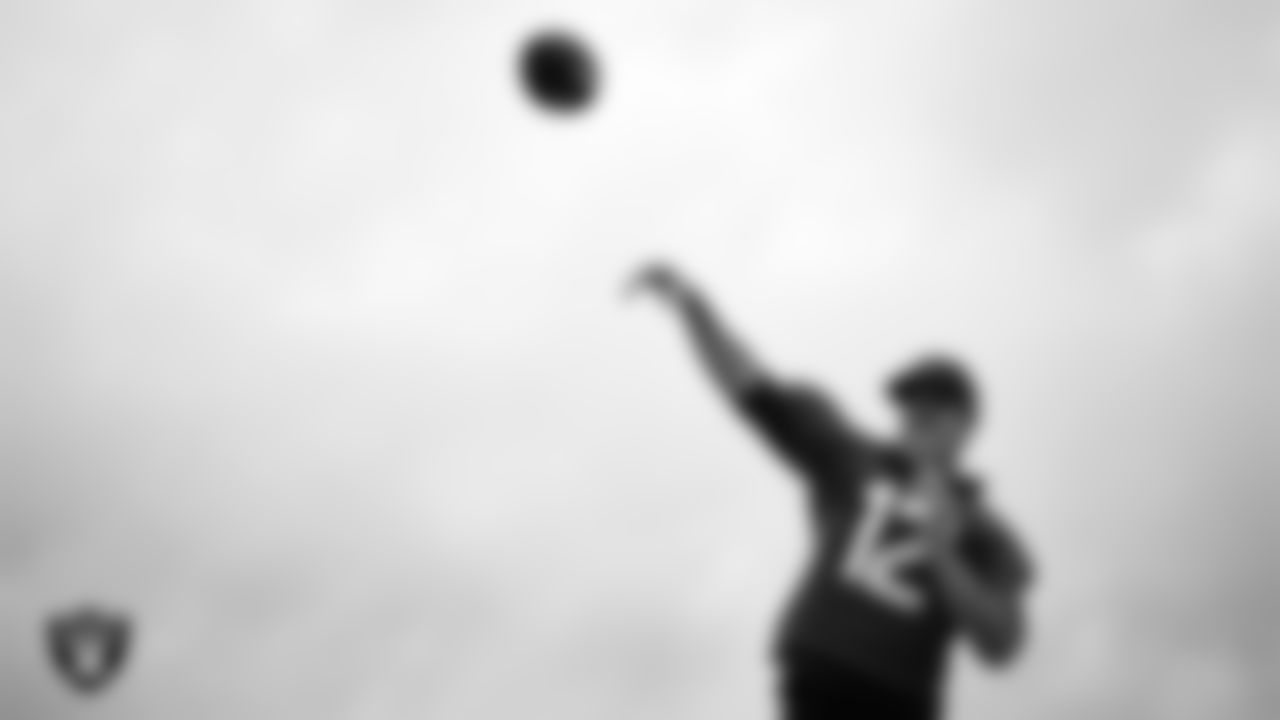 Las Vegas Raiders quarterback Aidan O'Connell (12) during practice at Intermountain Health Performance Center.