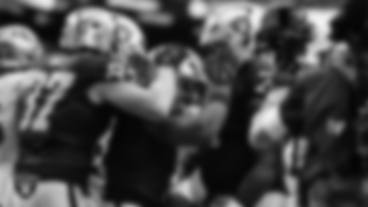 Las Vegas Raiders running back Ashton Jeanty (2) celebrates with teammates after rushing for a 1-yard touchdown during the preseason home game against the San Francisco 49ers at Allegiant Stadium.