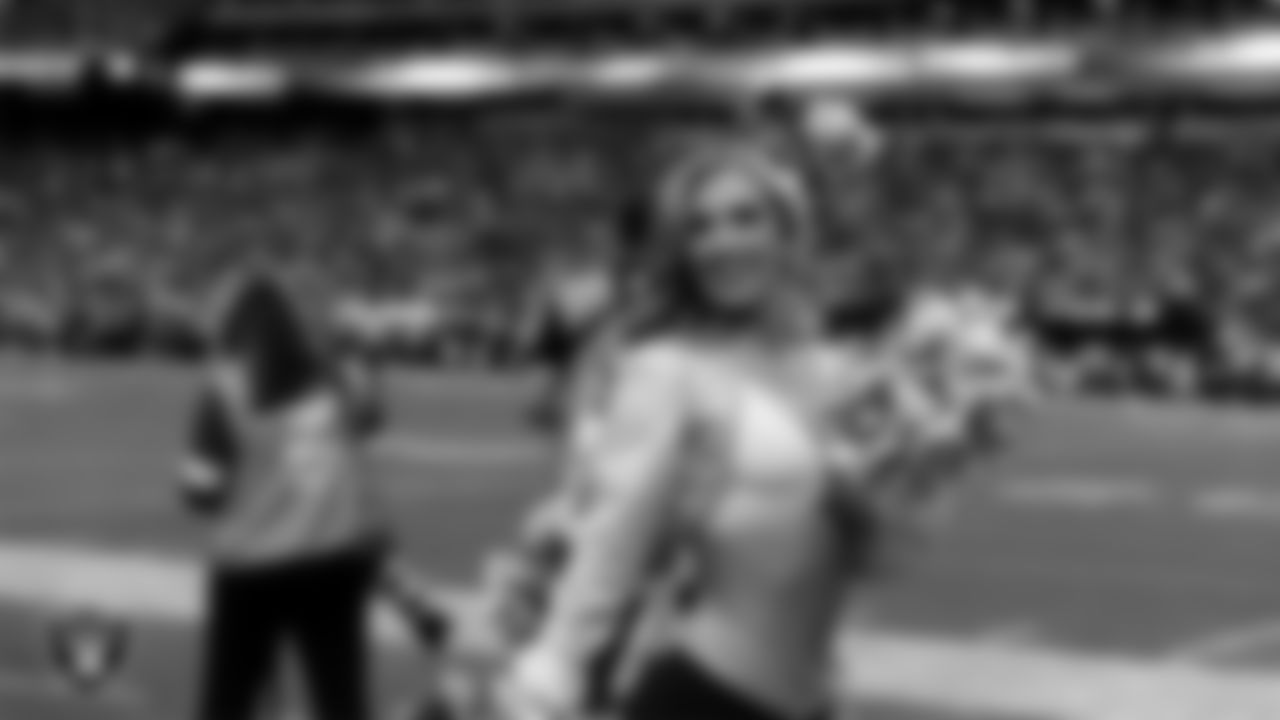Raiderette Taylor performs on the sidelines during the regular season home game against the Jacksonville Jaguars at Allegiant Stadium.