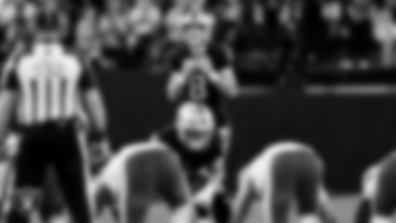 Las Vegas Raiders kicker Daniel Carlson (8) lines up before kicking a 60-yard field goal during the regular season home game against the Kansas City Chiefs at Allegiant Stadium.