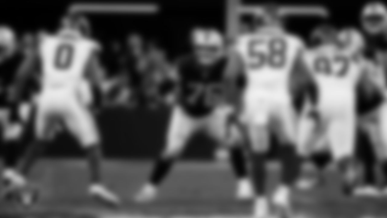 Las Vegas Raiders guard Caleb Rogers (76) blocks during the regular season home game against the New York Giants at Allegiant Stadium.