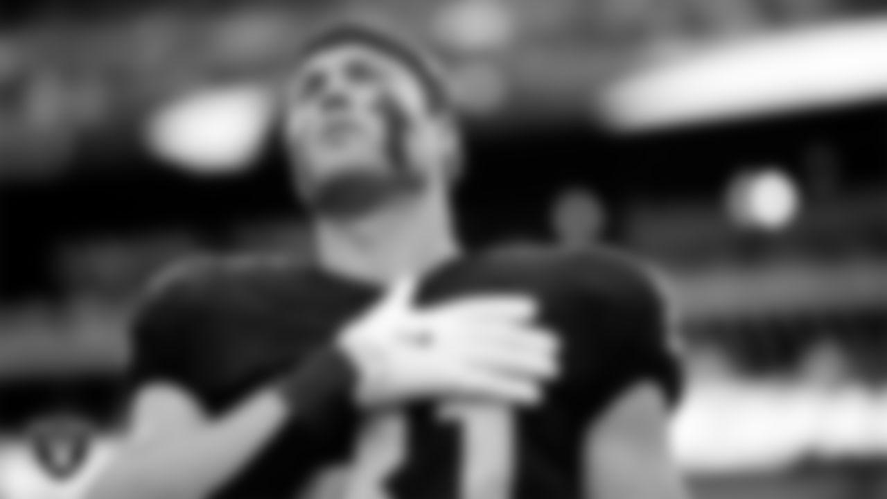 Las Vegas Raiders wide receiver Alex Bachman (81) during the national anthem before the regular season home game against the Tennessee Titans at Allegiant Stadium.