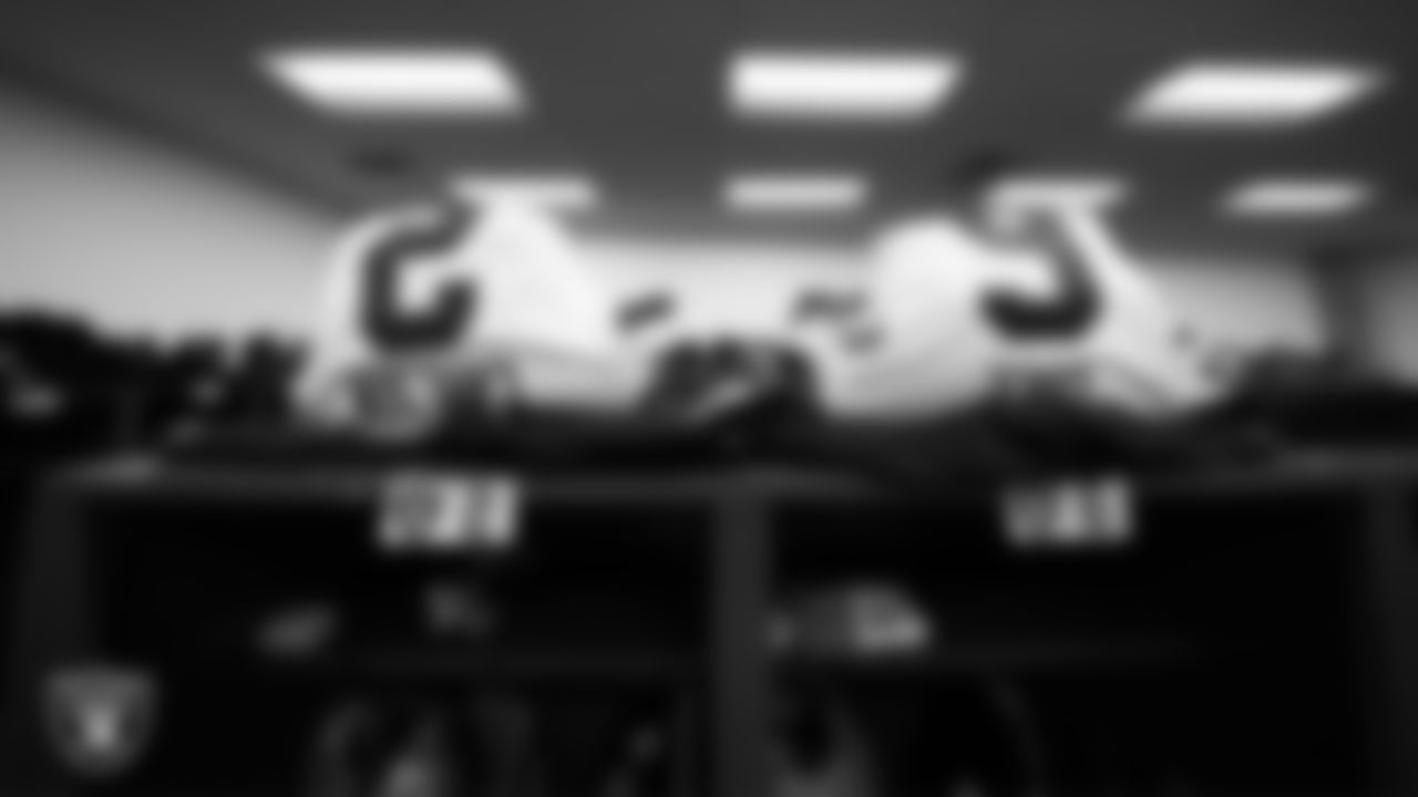 Las Vegas Raiders kicker Daniel Carlson (2) and punter AJ Cole's (6) lockers in the locker room prior to the Raiders' arrival for their regular season away game against the Baltimore Ravens at M&T Bank Stadium.