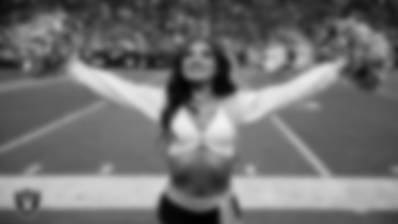 Raiderette Sloane on the sidelines during the regular season home game against the New York Giants at Allegiant Stadium.
