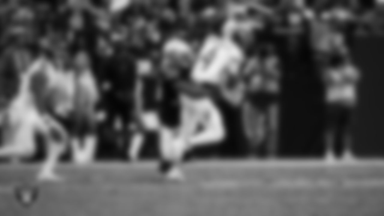 Las Vegas Raiders cornerback Kyu Blu Kelly (36) makes a tackle during the regular season home game against the Tennessee Titans at Allegiant Stadium.
