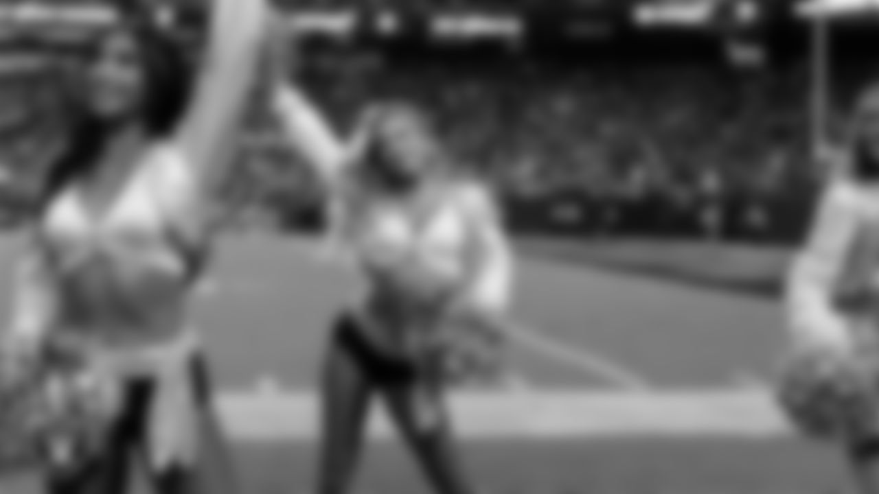 Raiderette Delaney on the sidelines during the regular season home game against the Los Angeles Chargers at Allegiant Stadium.
