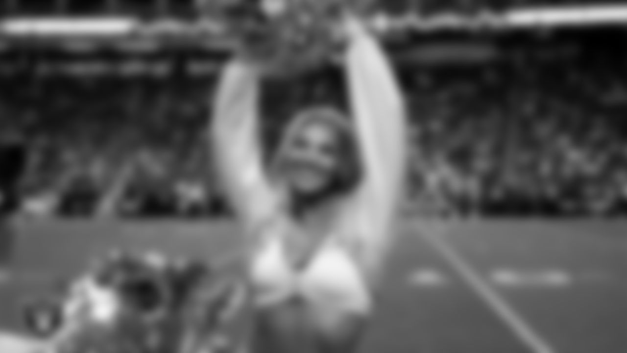 Raiderette Cori on the sidelines during the regular season home game against the Kansas City Chiefs at Allegiant Stadium.