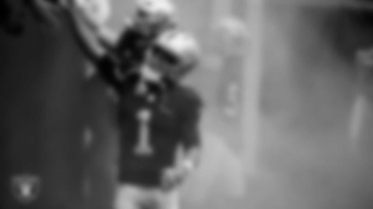 Las Vegas Raiders wide receiver Tre Tucker (1) is introduced onto the field before the regular season home game against the New York Giants at Allegiant Stadium.