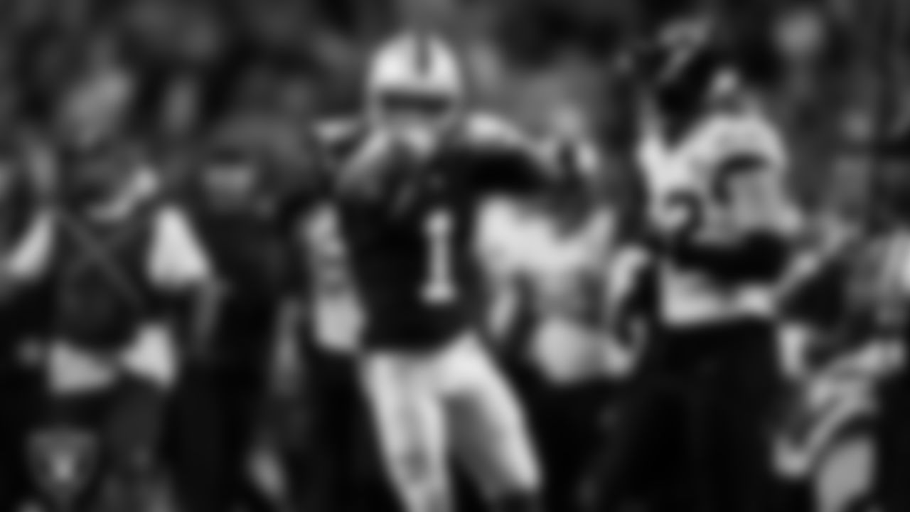 Las Vegas Raiders wide receiver Tre Tucker (1) celebrates after making a first down during the regular season home game against the Jacksonville Jaguars at Allegiant Stadium.