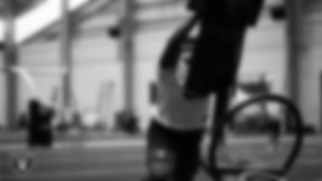 Las Vegas Raiders defensive tackle JJ Pegues (92) during practice at Intermountain Health Performance Center.