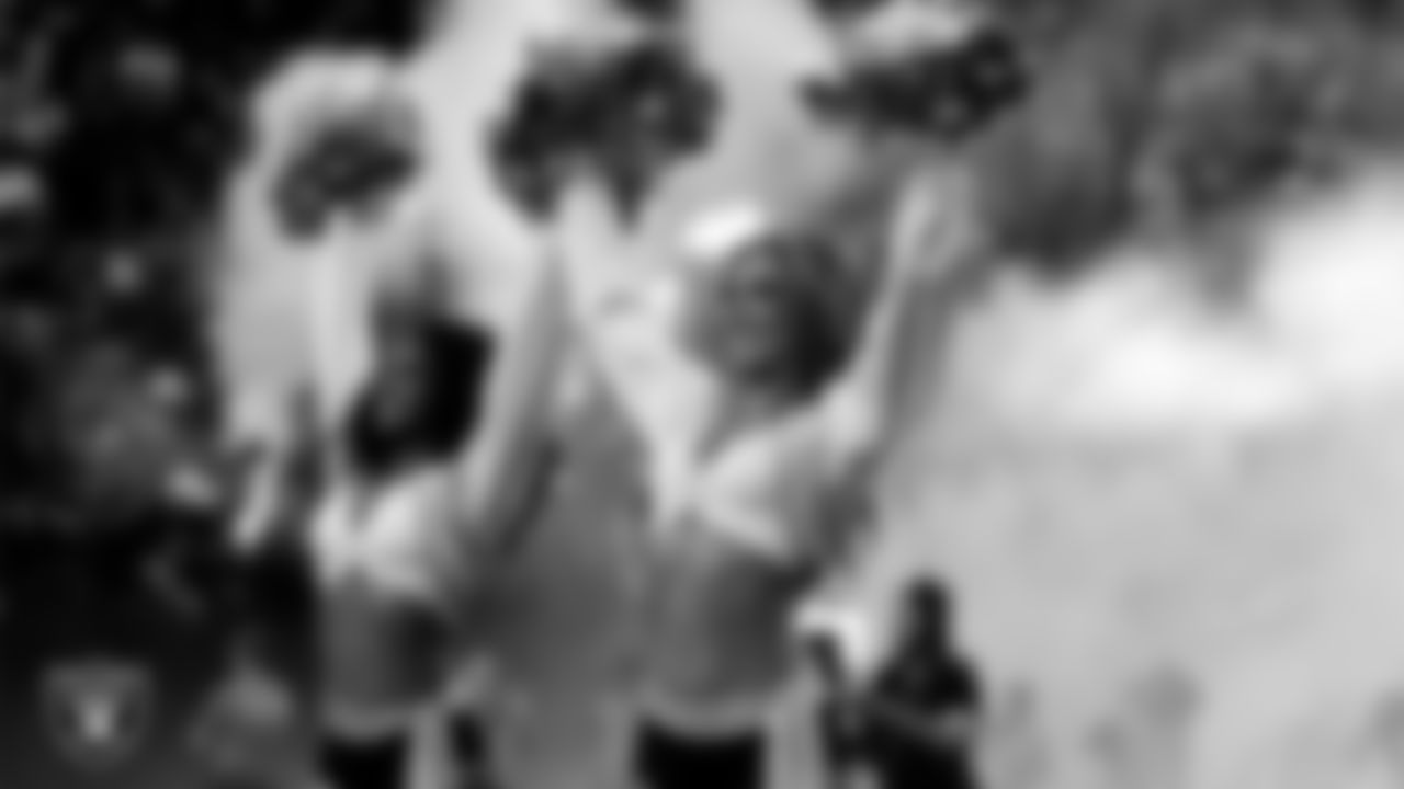 Raiderette Shelby during player introductions before the regular season home game against the Kansas City Chiefs at Allegiant Stadium.