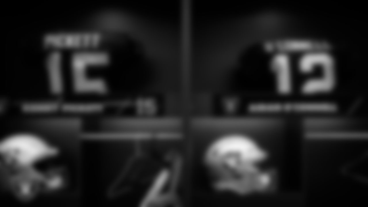 Las Vegas Raiders quarterbacks Kenny Pickett (15) and Aidan O'Connell's (12) lockers in the locker room prior to the Raiders' arrival for their regular season home game against the Kansas City Chiefs at Allegiant Stadium.