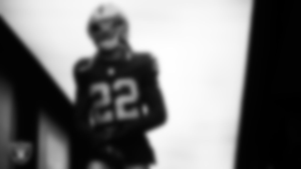 Las Vegas Raiders cornerback Eric Stokes (22) walks down the tunnel before the regular season home game against the Dallas Cowboys at Allegiant Stadium.