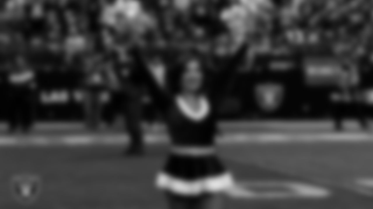 Raiderette Tatiana during player introductions before the regular season home game against the New York Giants at Allegiant Stadium.