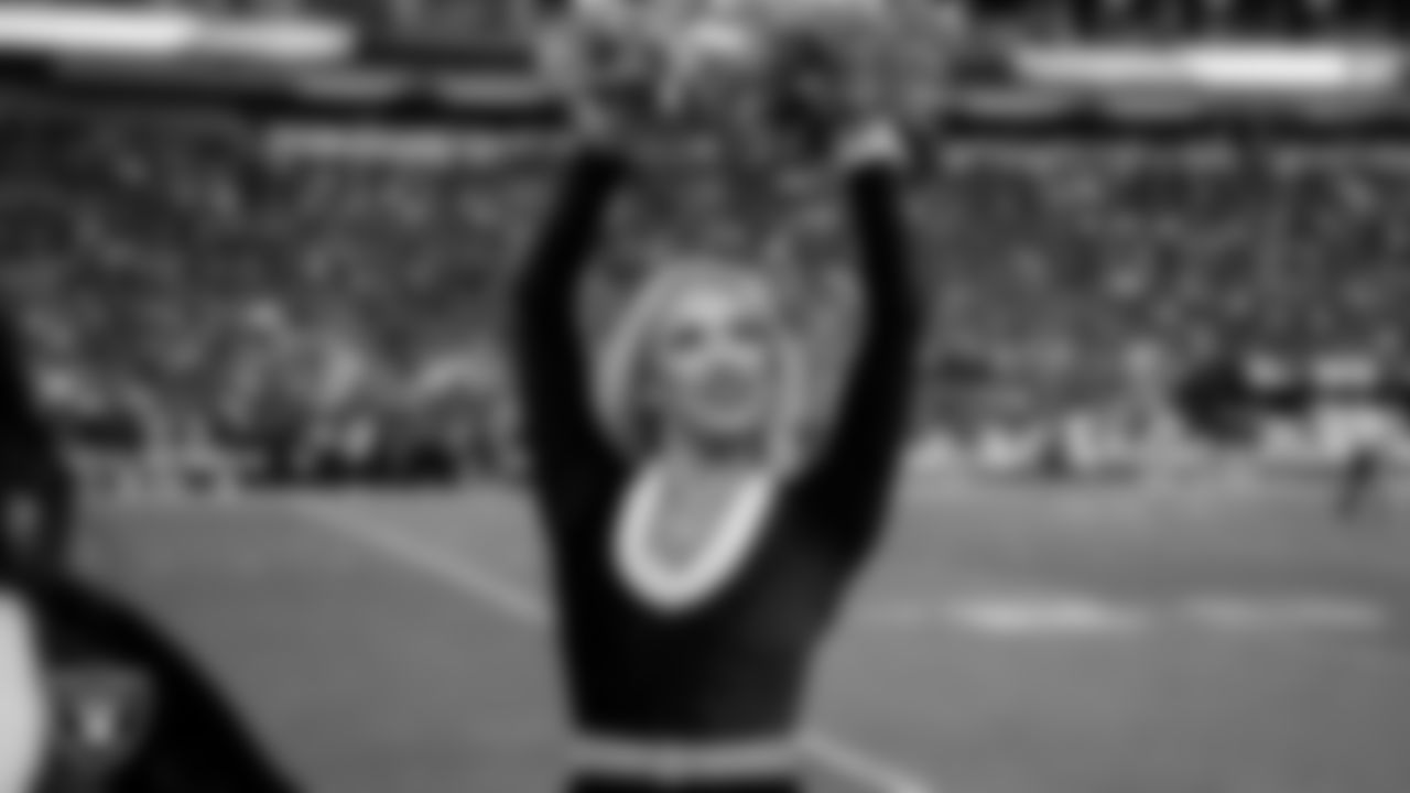 Raiderette Delaney on the sidelines during the regular season home game against the New York Giants at Allegiant Stadium.