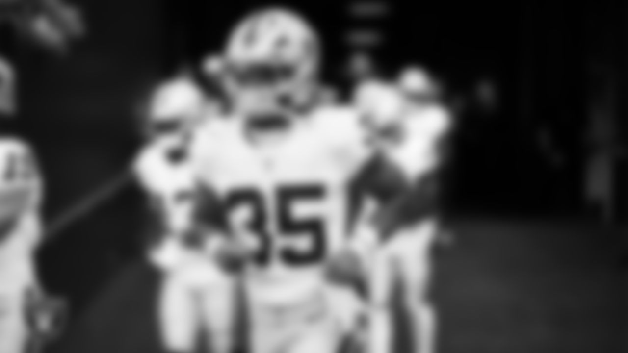 Las Vegas Raiders running back Chris Collier (35) runs down the tunnel before the preseason away game against the Seattle Seahawks at Lumen Field.