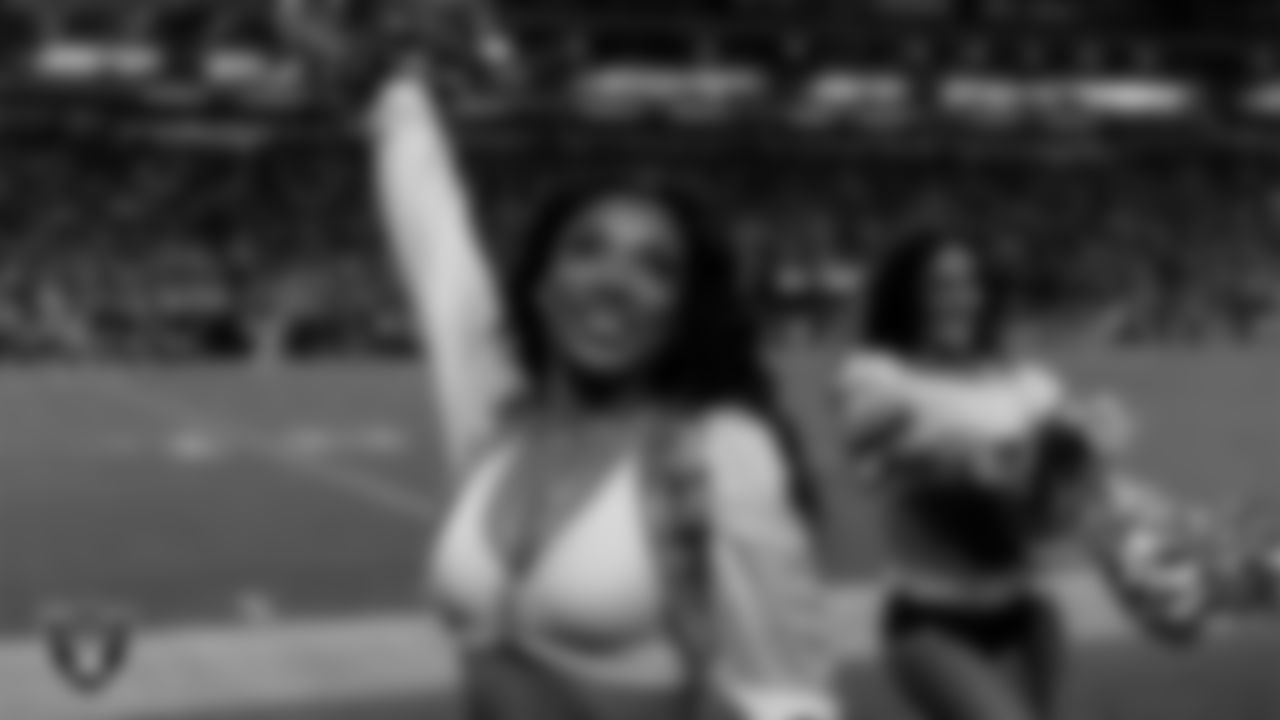Raiderette Bria on the sidelines during the regular season home game against the Dallas Cowboys at Allegiant Stadium.