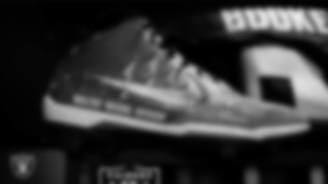 Cleats in the locker room prior to the Las Vegas Raiders' arrival for their regular season home game against the Cleveland Browns at Allegiant Stadium.