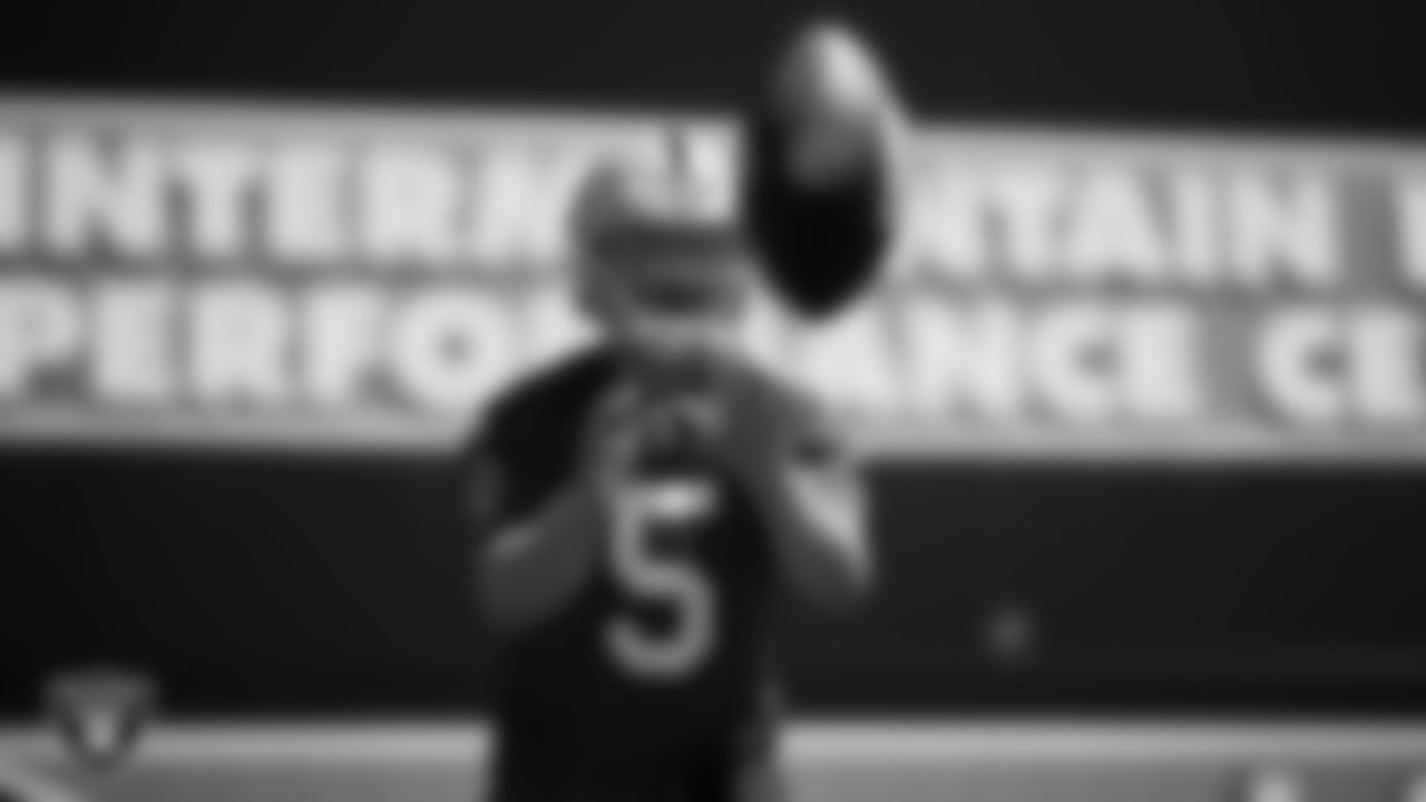Las Vegas Raiders quarterback Cam Miller (5) at day one of 2025 Rookie Minicamp at Intermountain Health Performance Center.