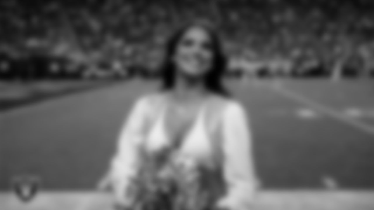 Raiderette Reagan on the sidelines during the regular season home game against the Kansas City Chiefs at Allegiant Stadium.