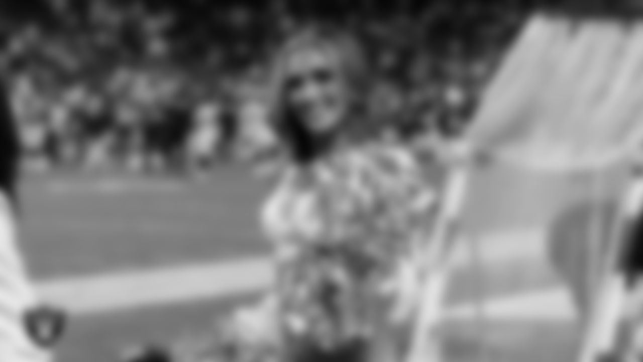 Raiderette Shelby on the sidelines during the regular season home game against the Denver Broncos at Allegiant Stadium.